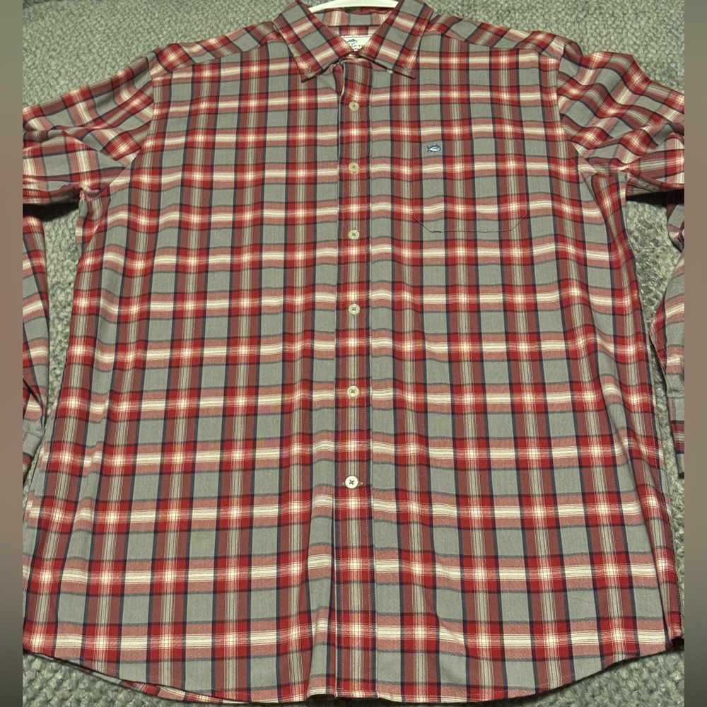 Southern Tide Red and Gray Plaid Button Down Shirt